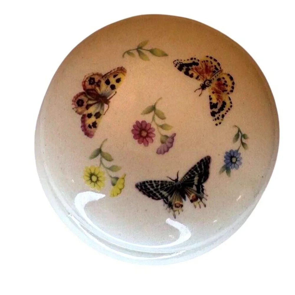 Vintage Butterfly Floral Ceramic Trinket Box Cream‎ Porcelain Jewelry Jar 4